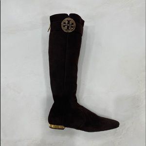 Tory Burch Brown Suede Boots Flat Heel Gold Logo